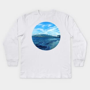 Blue Ocean Summer Beach Waves With Green Mountains And Palm Trees At The Back Under The Clear Blue Sky Kids Long Sleeve T-Shirt